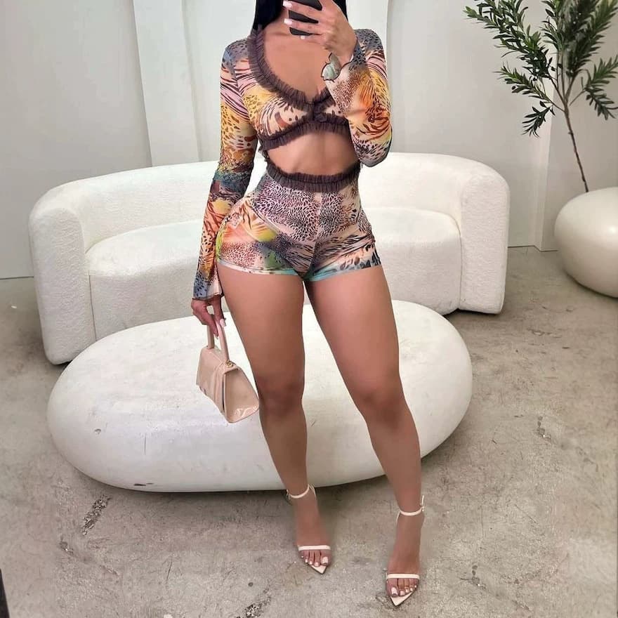 New European and American Slim Sexy Hot Lace Trim Leopard Print Mesh Hollow Jumpsuit Bodysuit