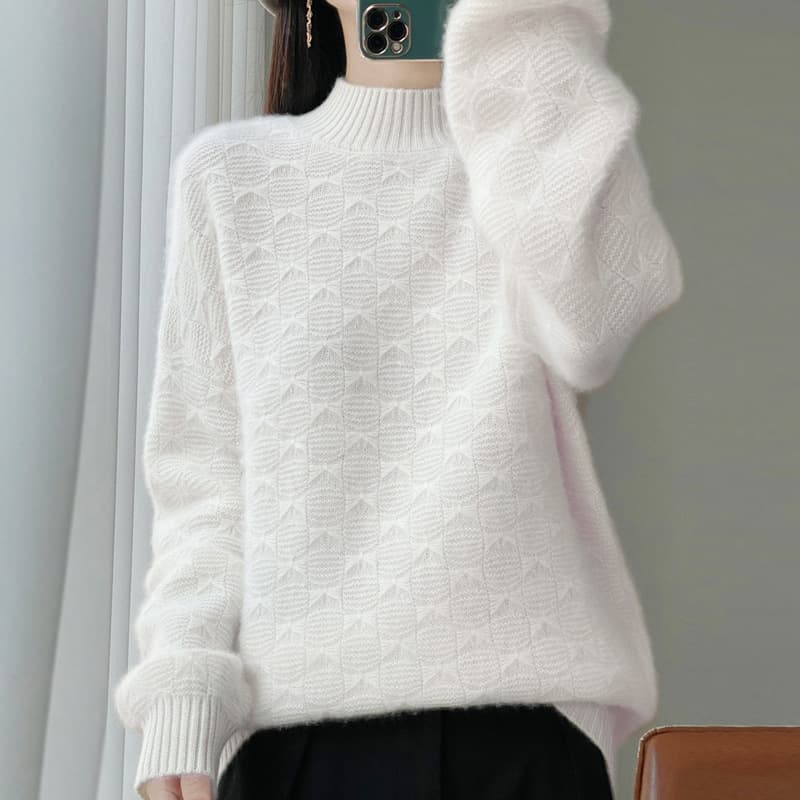 New autumn and winter 100% pure wool sweater women's half turtleneck jacquard long-sleeved sweater loose knitted top thick autumn and winter style