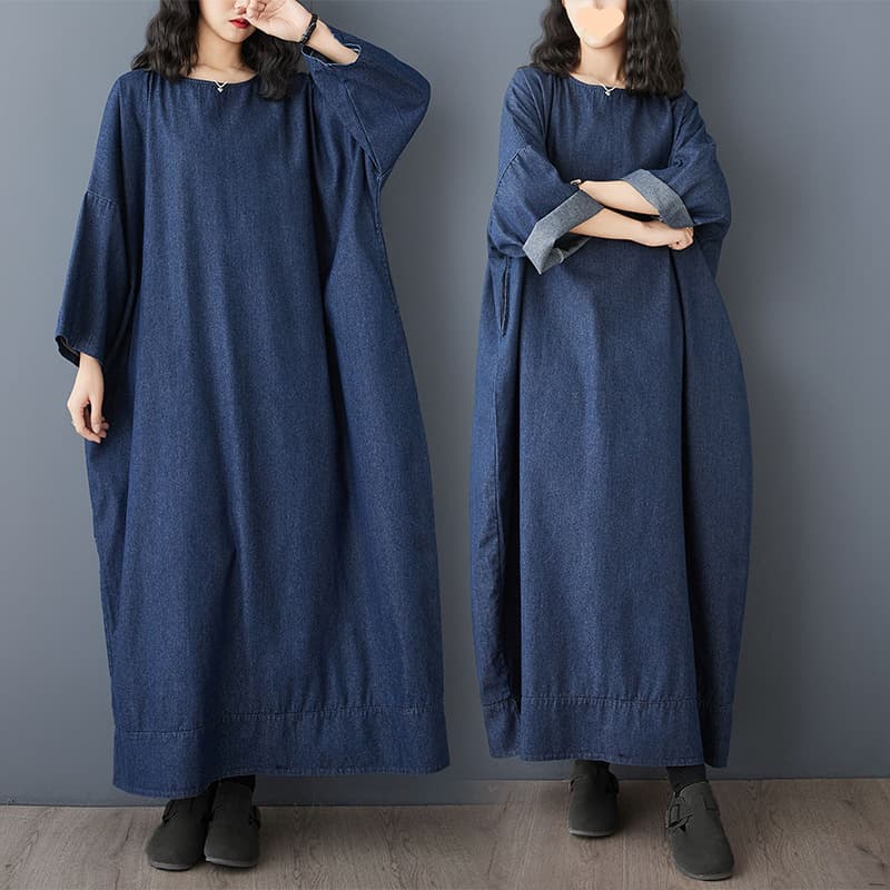 Retro long-sleeved denim dress early spring new artistic large size loose women's casual slimming skirt