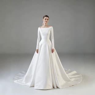 Wedding Dress French One-Shoulder Long-Sleeve Satin Wedding Gown, 2026 New Style Court Cathedral Train Ceremony Dress