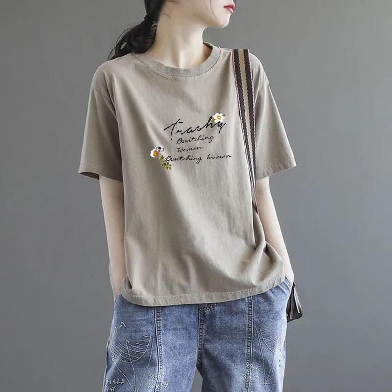2026 Summer New Loose Short-Sleeve T-Shirt for Women, Korean Style, Letter Print, Slimming Base Layer Top, T-Shirt