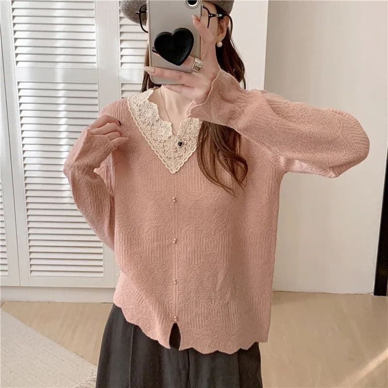 Spring/Autumn Solid Color V-Neck Lace Beaded Pullover Knit Sweater for Women, Stylish Long Sleeve Anti-Pilling Ins Side-Slit Thin Sweater