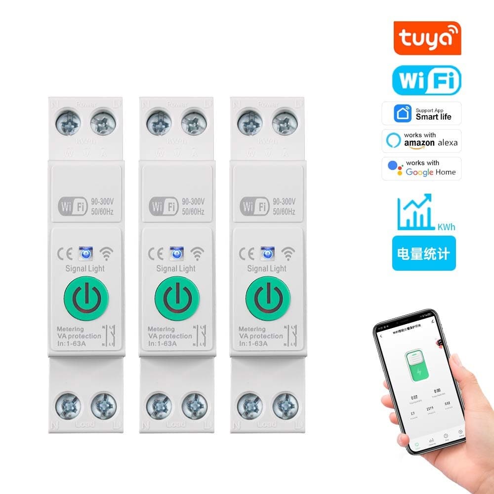 Tuya WiFi Smart Circuit Breaker, Home Use, Remote Control, Rail Mounting, Monitors Electricity 1-63A