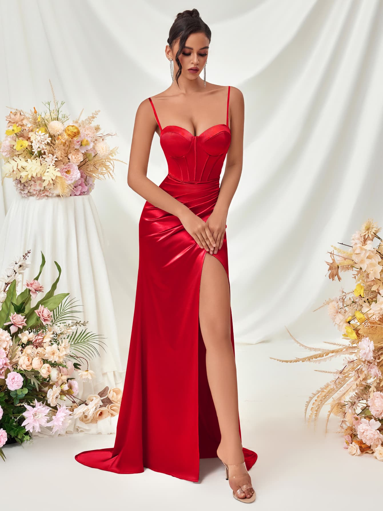 Cross-border Trade Multicolor Satin Mermaid Evening Gown Light Luxury High-end Birthday Dinner Party Spaghetti Strap Dress