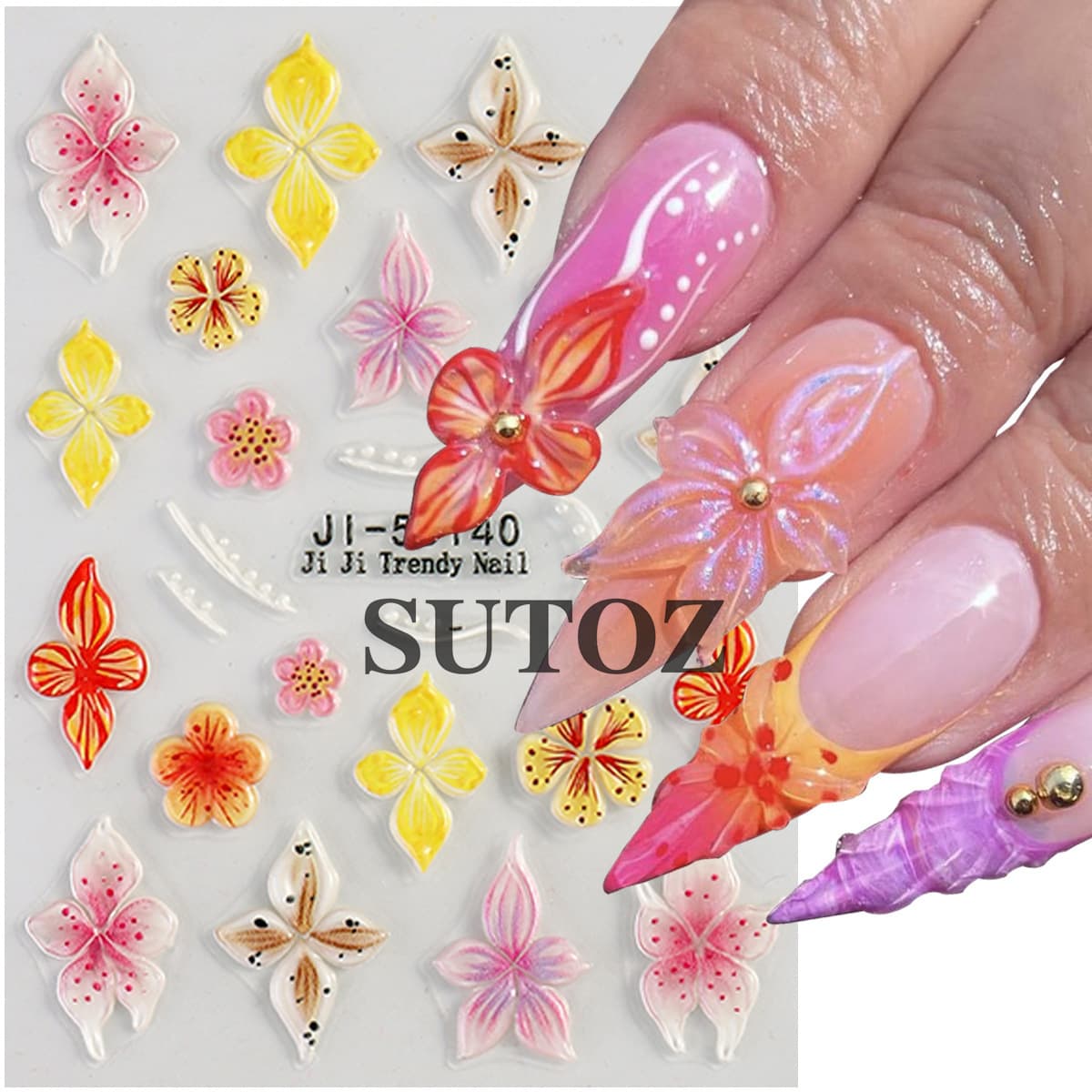 2024 New 5D Embossed Nail Art Stickers Retro Three-dimensional Ice Transparent Hibiscus Hibiscus Flower Nail Back Adhesive Stickers