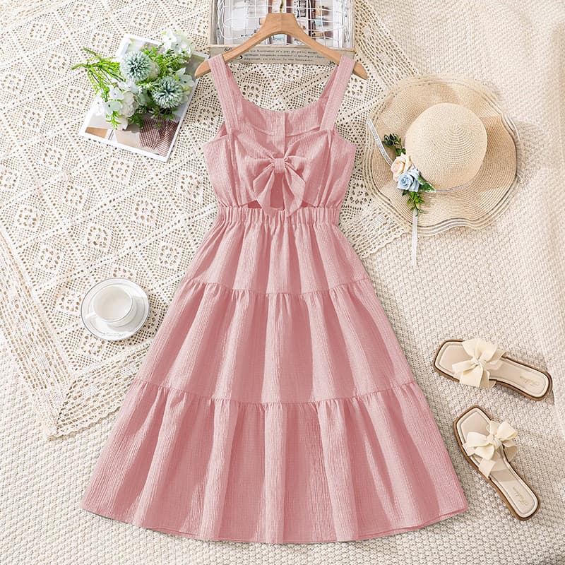 European and American Export Girls' Clothing 2026 Spring/Summer New Cross-Border Casual Solid Color Strap Bow Dress