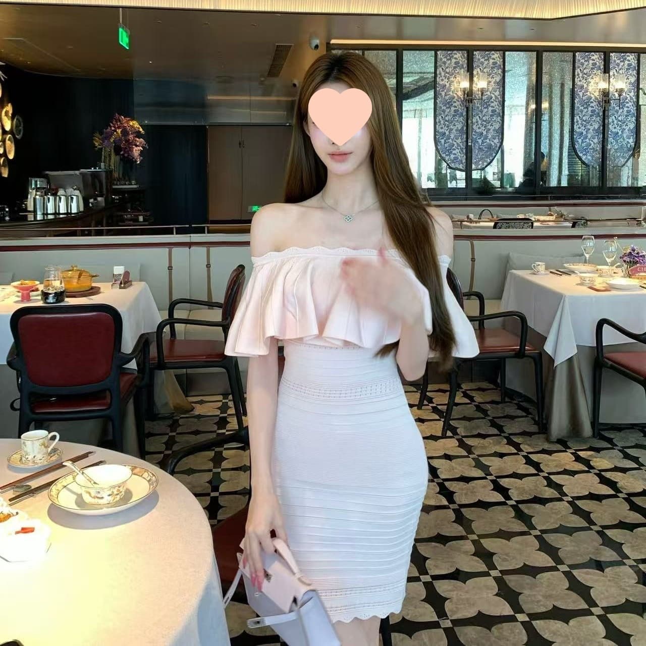 2026 New Ice Blue Feather Snow Elegant Slim Fit Waist-Cinching Ruffle Knit Halter Bodycon Dress in Blue