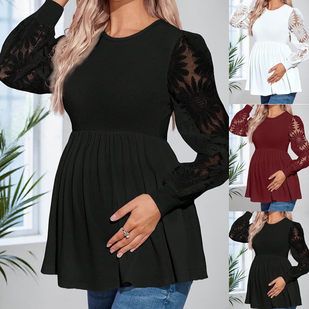 Cross-border Maternity Spring/Fall Lace Patchwork Lantern Long-Sleeve Round Neck Ribbed Babydoll Top, Loose Fit, Supportive Maternity T-Shirt