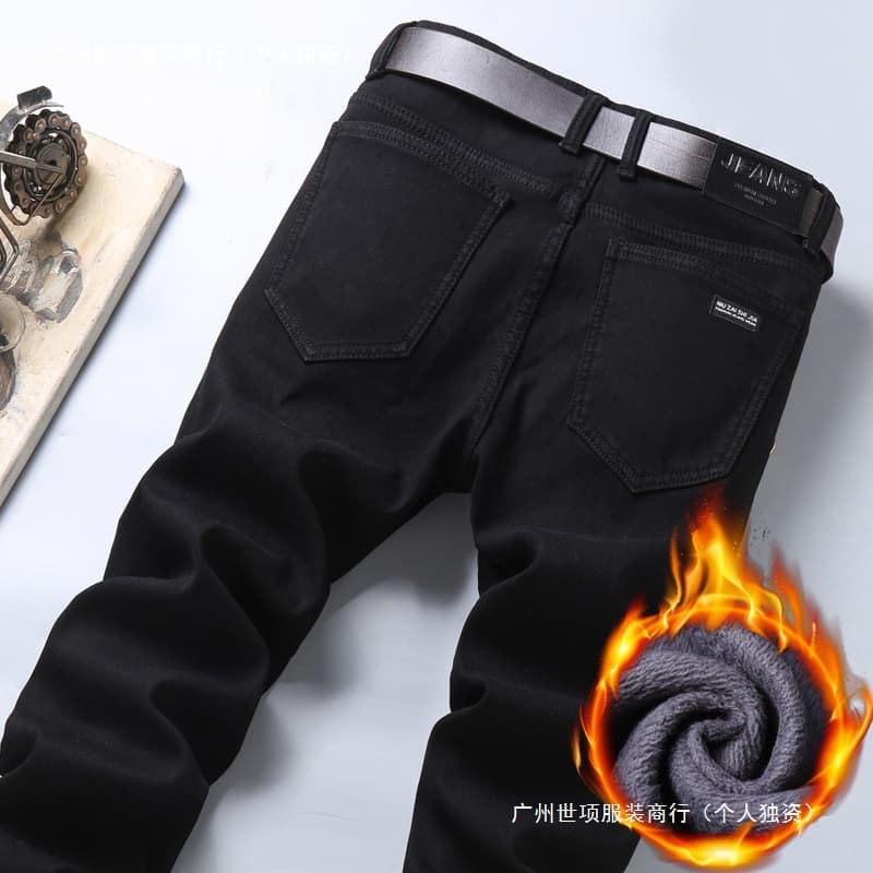 Winter velvet thickened jeans for men 2024 autumn and winter new warm loose straight stretch black men's pants