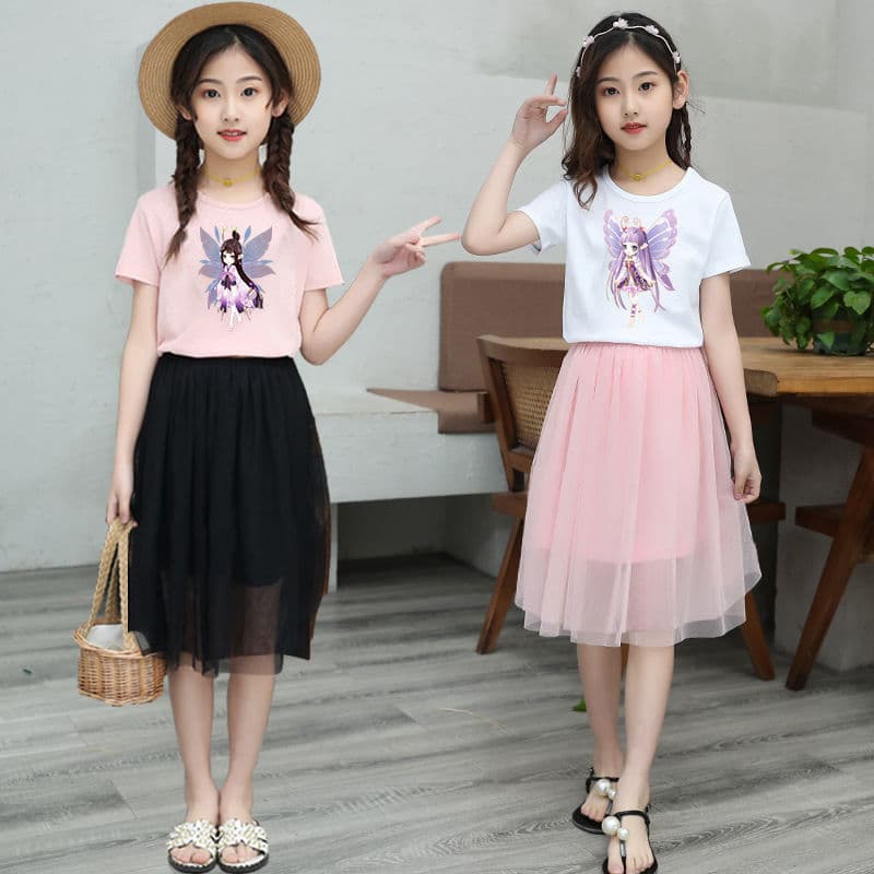 New Girls' Summer Outfit Set, Korean Style Trendy Children's Half Skirt, Princess Dress, Cotton Short Sleeve Two-Piece with Mesh Skirt