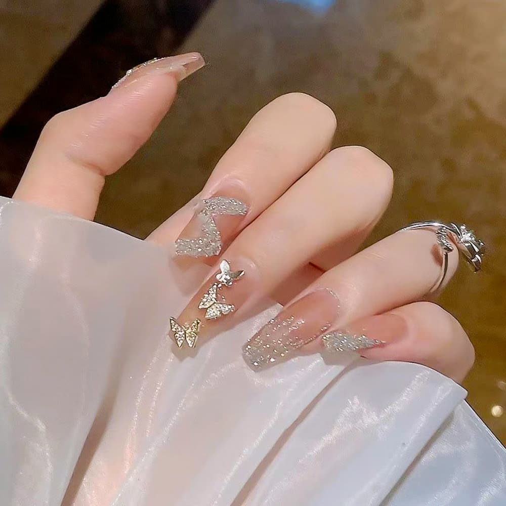 Cross-Border 24 Pieces Z-Shaped Glitter Butterfly Medium Ladder Nails Pearl Manicure Nails Wearable Nails Wholesale Fakenails