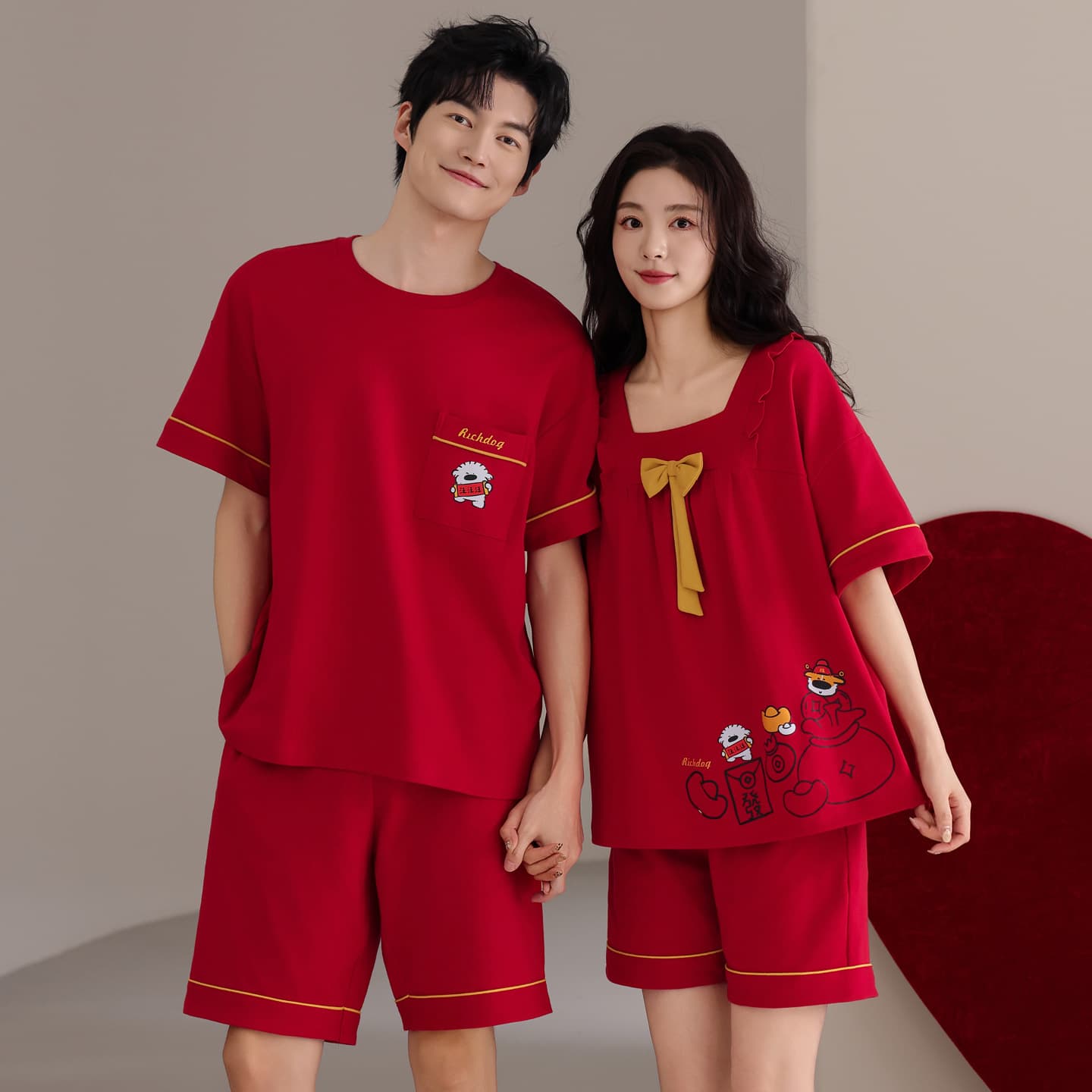 100% Cotton Red Couple Pajamas Summer Thin Pure Cotton Short Sleeve Shorts Cardigan Wedding Festive Homewear