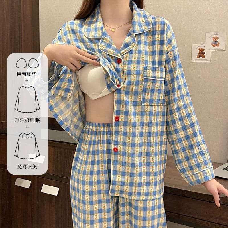 2025 New Pure Cotton Pajamas for Women Spring and Autumn with Breast Pads Long Sleeves and Pants Cartoon Japanese Cute Home Clothes Set No
