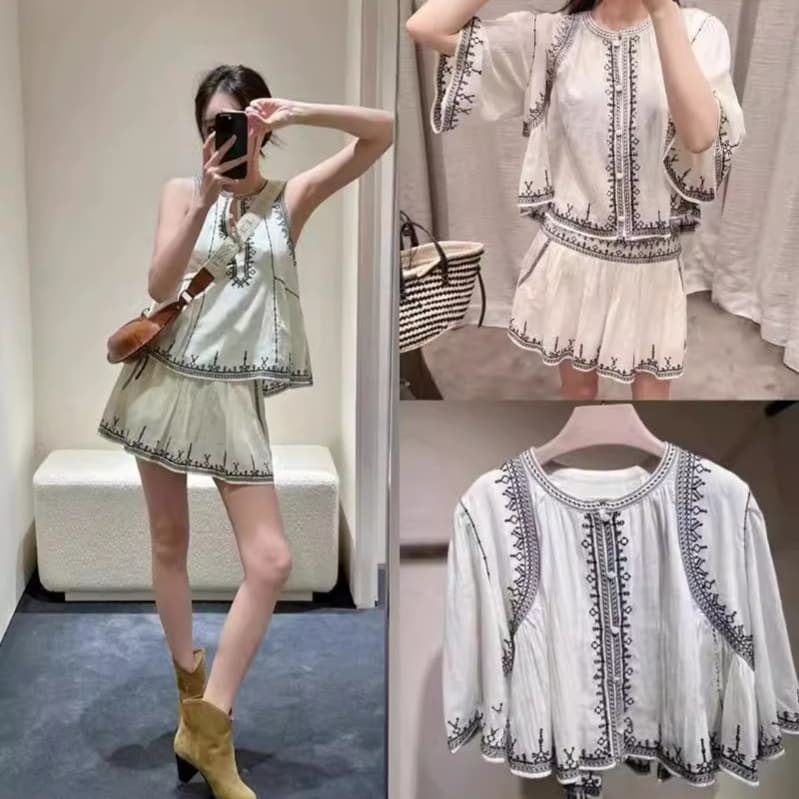 French two-piece suit, bohemian style, heavy embroidery, round neck vest, mid-sleeve top, short skirt suit