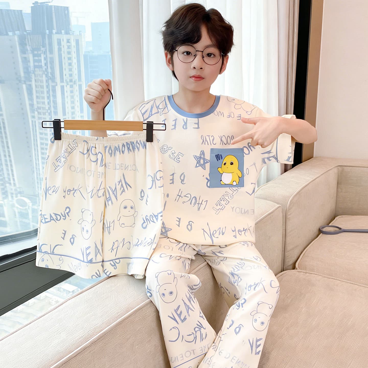 Cartoon Boys' Pure Cotton Pajamas Spring and Summer Short-Sleeve Long Pants Three-Piece Set Comfortable Youth Home Wear
