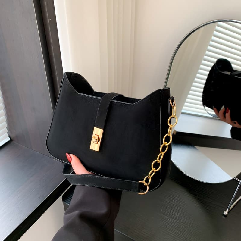 Trendy Women's Handbag with Metal Lock, Korean Style Large Capacity Underarm Bag, Fashionable Simple Shoulder Bag