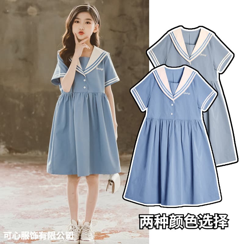 Girls dress summer 2025 new navy collar short-sleeved skirt jk internet celebrity princess dress medium and large children's summer dress