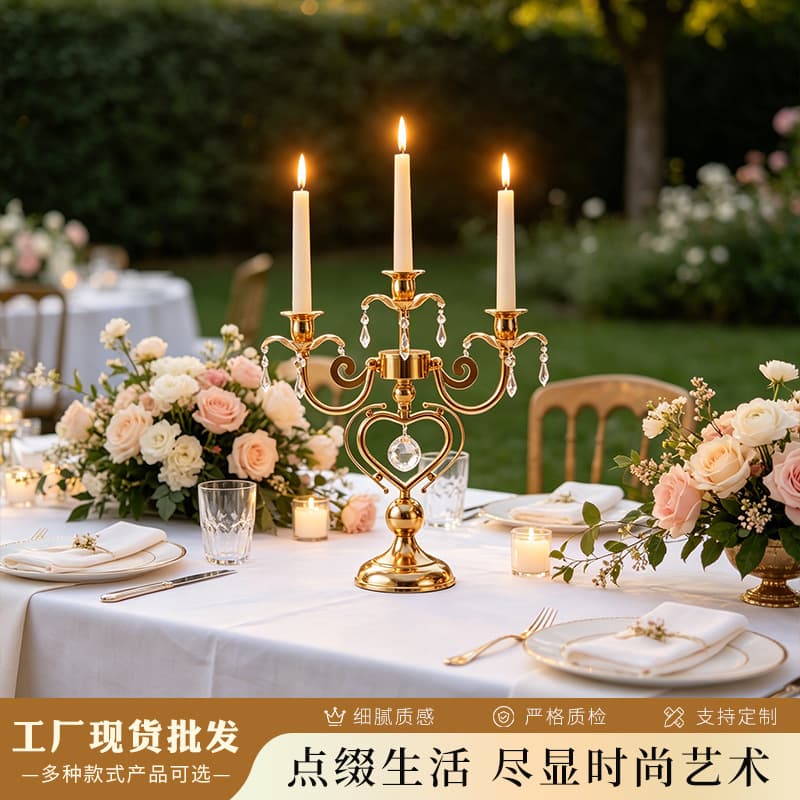 Cross-border Gold-Plated Pendant Three-Arm Candelabra European Simple Wedding Candle Holder European Standard Home Decor