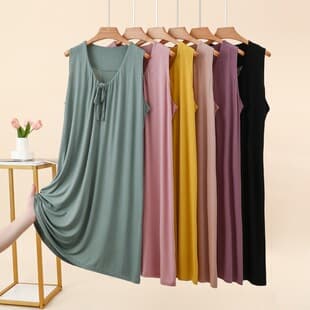 Modal Sleeveless Nightgown Women Summer Thin Loose Tie V-neck Vest Dress Casual Wearable Home Dress