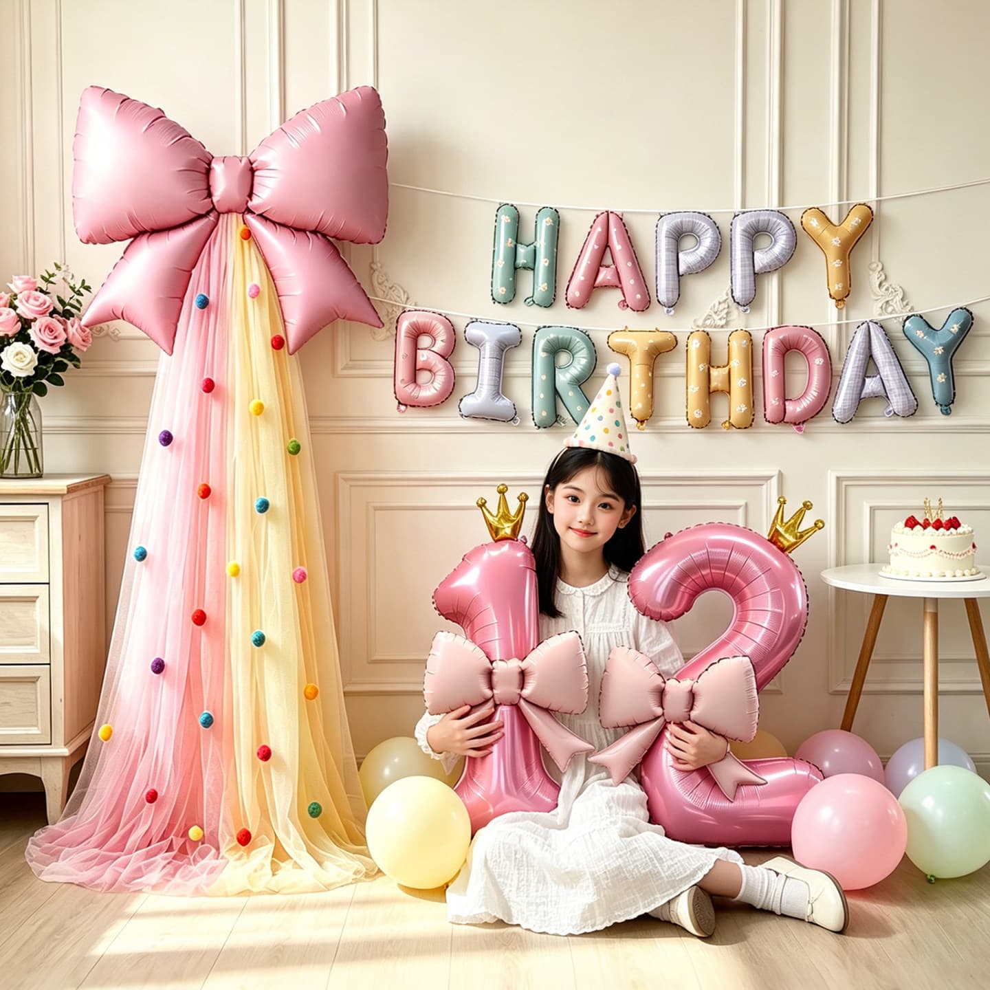 Pink Bow Mesh Number Balloon Decoration for Birthday Scene Setup, Girl's Elegant Atmosphere Background Wall