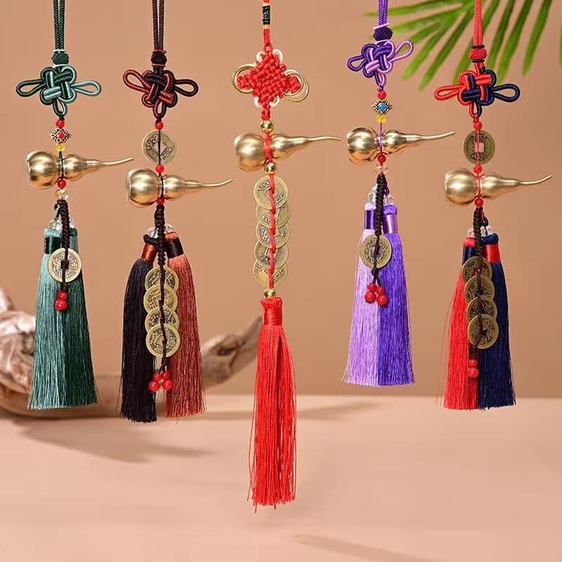 Car Chinese Knot Pendant with Genuine Five Emperor Coins, Brass Gourd and Cinnabar Pendant for Car Interior Decoration and Wealth Attraction