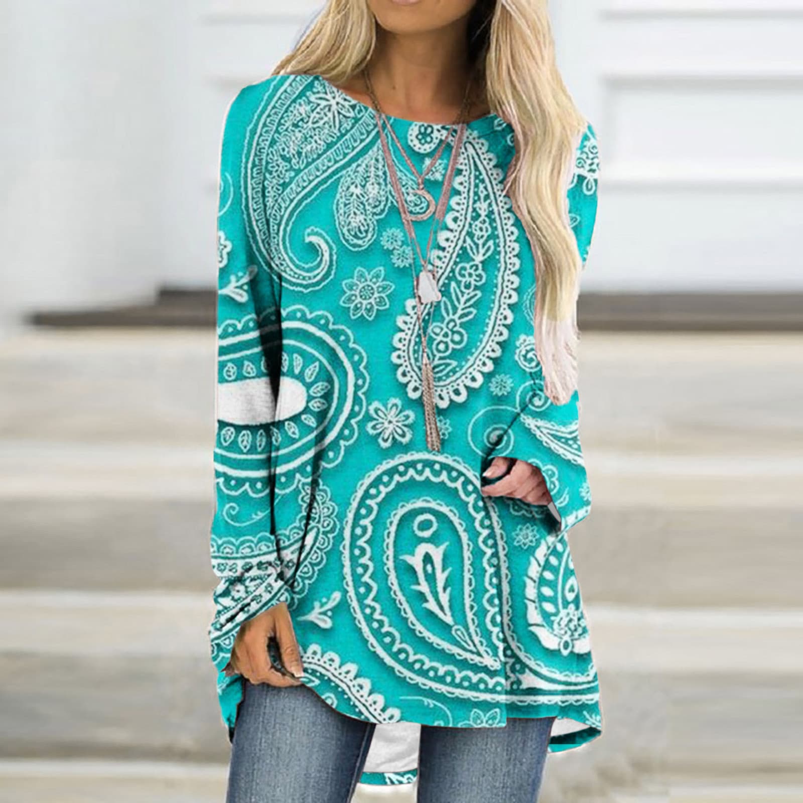 Autumn and Winter European and American Cross-Border Export 3D Printed Paisley Pullover Women's Casual T-Shirt Long Skirt One Piece Customized Pod