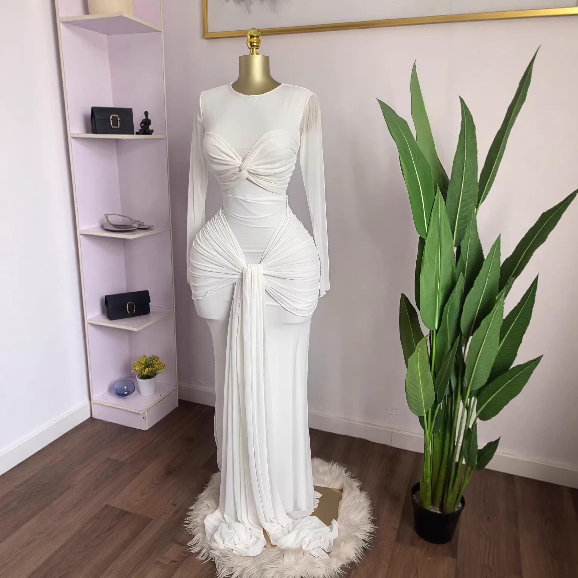 European and American Cross-border TK Amazon Women's 2026 Solid Color Long Sleeve Round Neck Wrap Bustier Fitted Elegant Long Dress