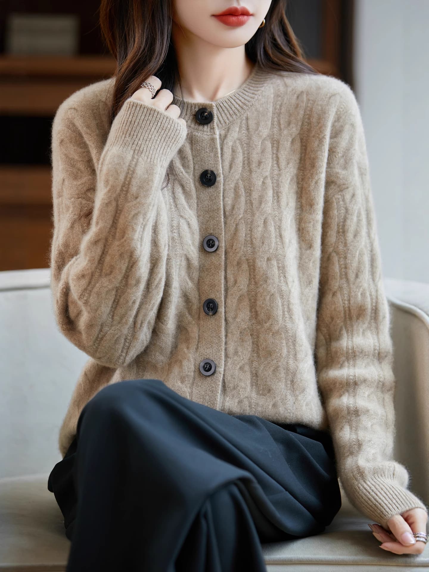 100% wool thickened hemp flower black button cardigan classic cable texture black buttons embellished autumn and winter versatile knitted style