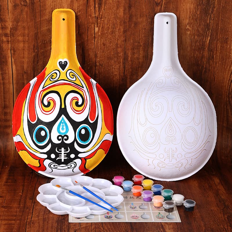 Hand-Painted DIY Intangible Heritage Handmade Peking Opera Ladle Gourd Mask with Patterned White Base National Trend Cultural Creative Teaching Material