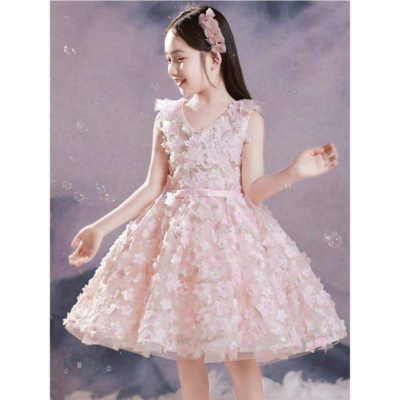 Girls Princess Dress Children's Dress Flower Girl Birthday Piano Host Puff Dress Bow Little Princess