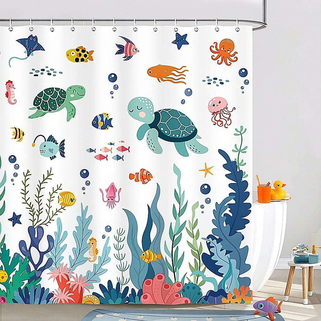 Cross-border Hot Selling Bathroom Shower Curtain Digital Print Waterproof Cartoon Bathroom Curtain Set No Drilling Required