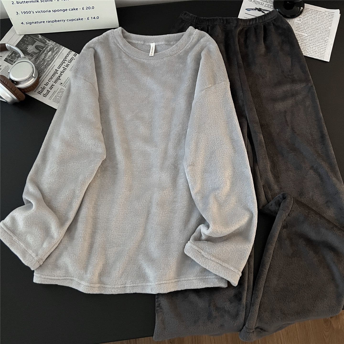 Coral Fleece Couple Pajamas Autumn and Winter Thickened Fleece Warm Solid Color Casual Men and Women Flannel Homewear Set
