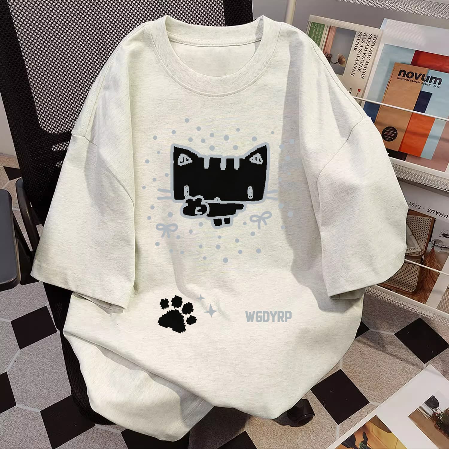 American Bf Style Funny Kitten Pure Cotton Inner White Gray Short-Sleeved T-Shirt for Women 2025 Summer New Loose Top