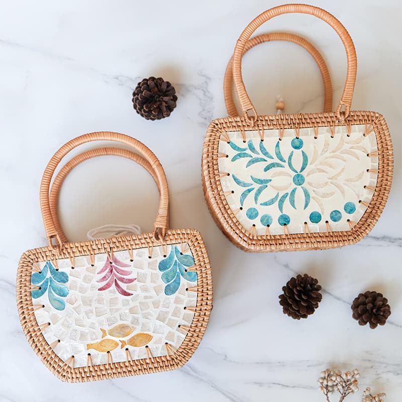Natural Vietnamese Rattan Shell Handbag Woven Storage Bag Handmade Seaside Vacation Bag Classic Elegance