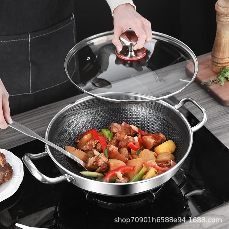 Stainless steel double-sided honeycomb frying pan with soup pot, multi-purpose non-stick flat-bottom pan for low smoke