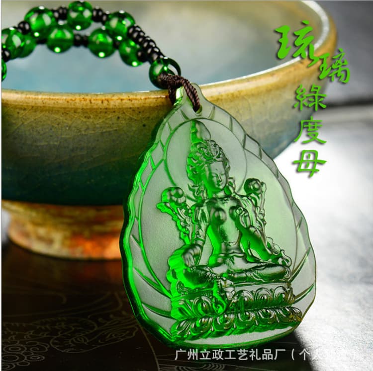 In Stock Ancient Method Glass Pendant, Esoteric Buddha Statue, Medicine Buddha, Green Tara, Yellow Jambhala Bodhisattva Necklace