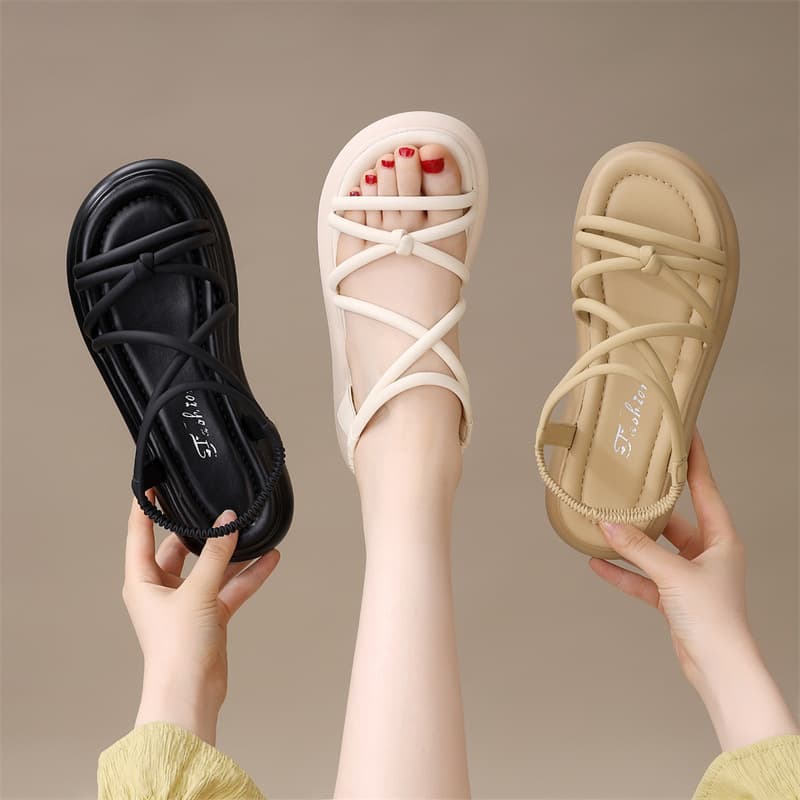 Plus Size 42 Flat Roman Sandals for Women 2026 New Summer Soft Sole Fairy Style Cross Tie Beach Sandals