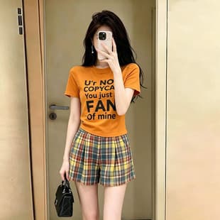 Summer Dopamine Outfit Set for Women Hong Kong Style Trendy Short Sleeve T-Shirt Plaid Shorts Casual Two-Piece Set