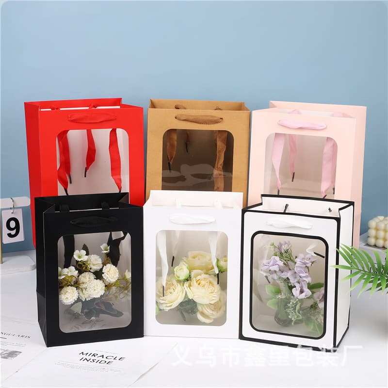 Thick Kraft Paper Bag Transparent Paper Bag Flower Bouquet Packaging Bag Gift Bag Coffee Color Gift Bag Shopping Bag