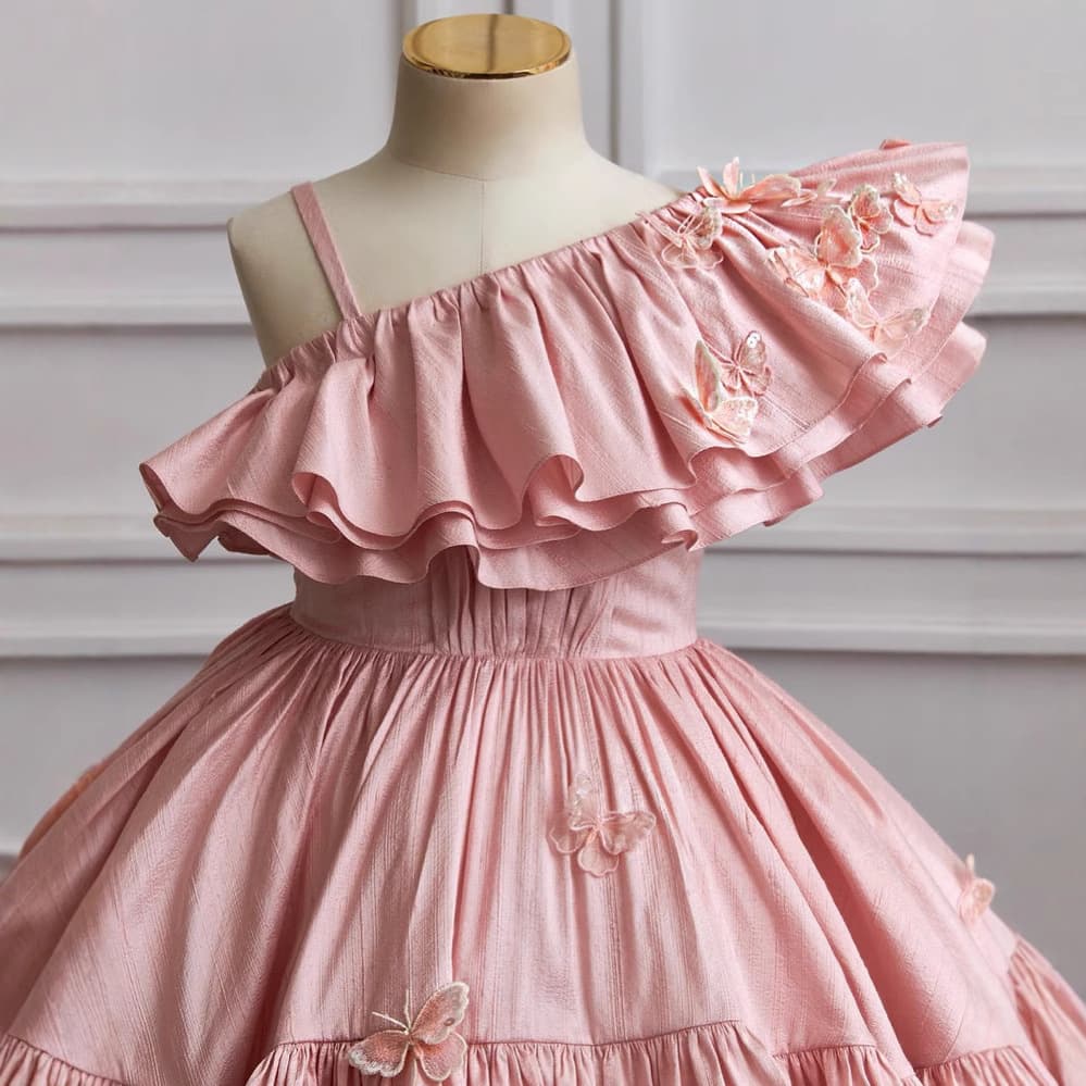 Pink French dress 2024 one-shoulder children's dress host catwalk princess tutu skirt short in front and long in back
