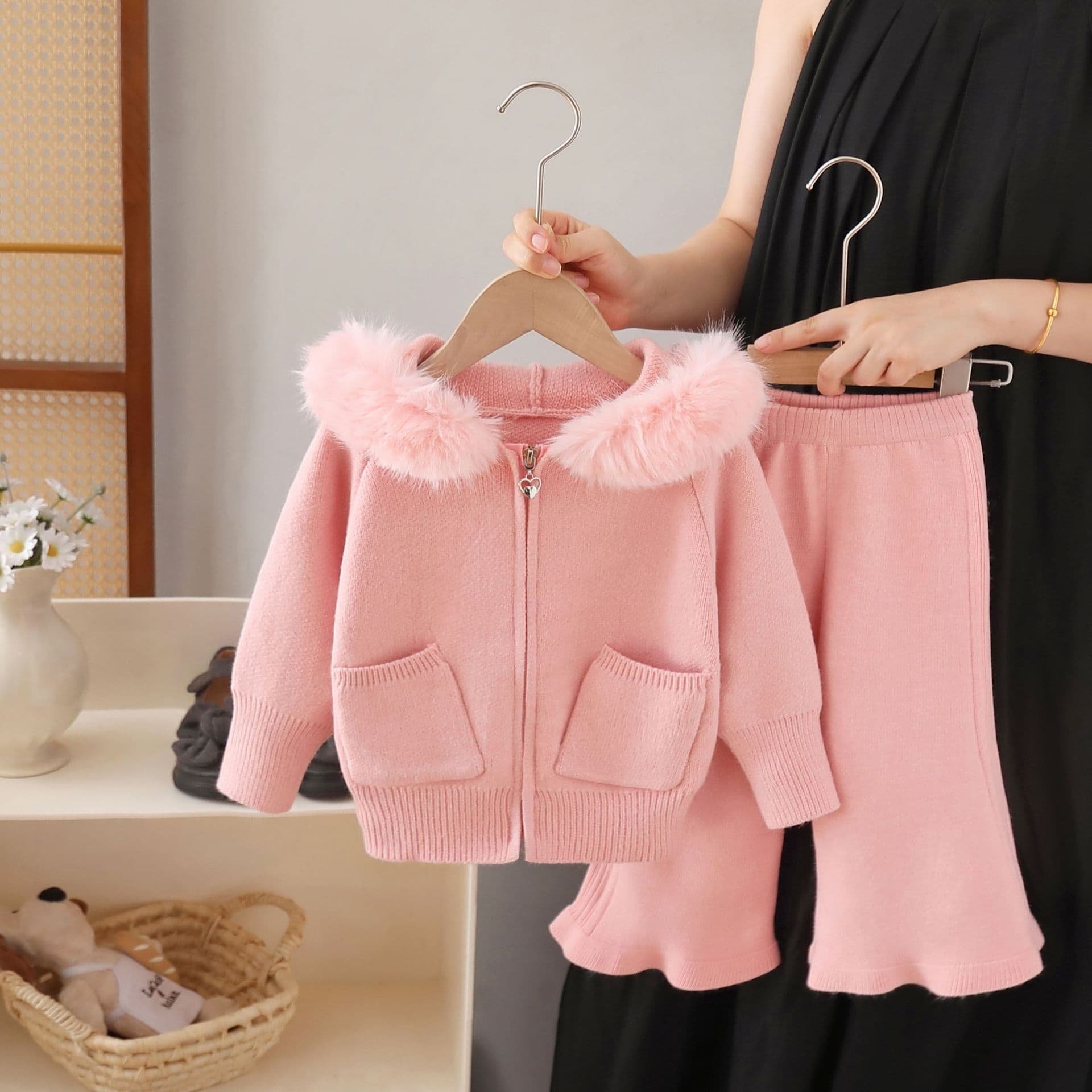 Kids' Sweater Autumn Winter Big Fur Collar Hooded Knit Cardigan Casual Lazy Style Solid Color Double Pocket Loose Set