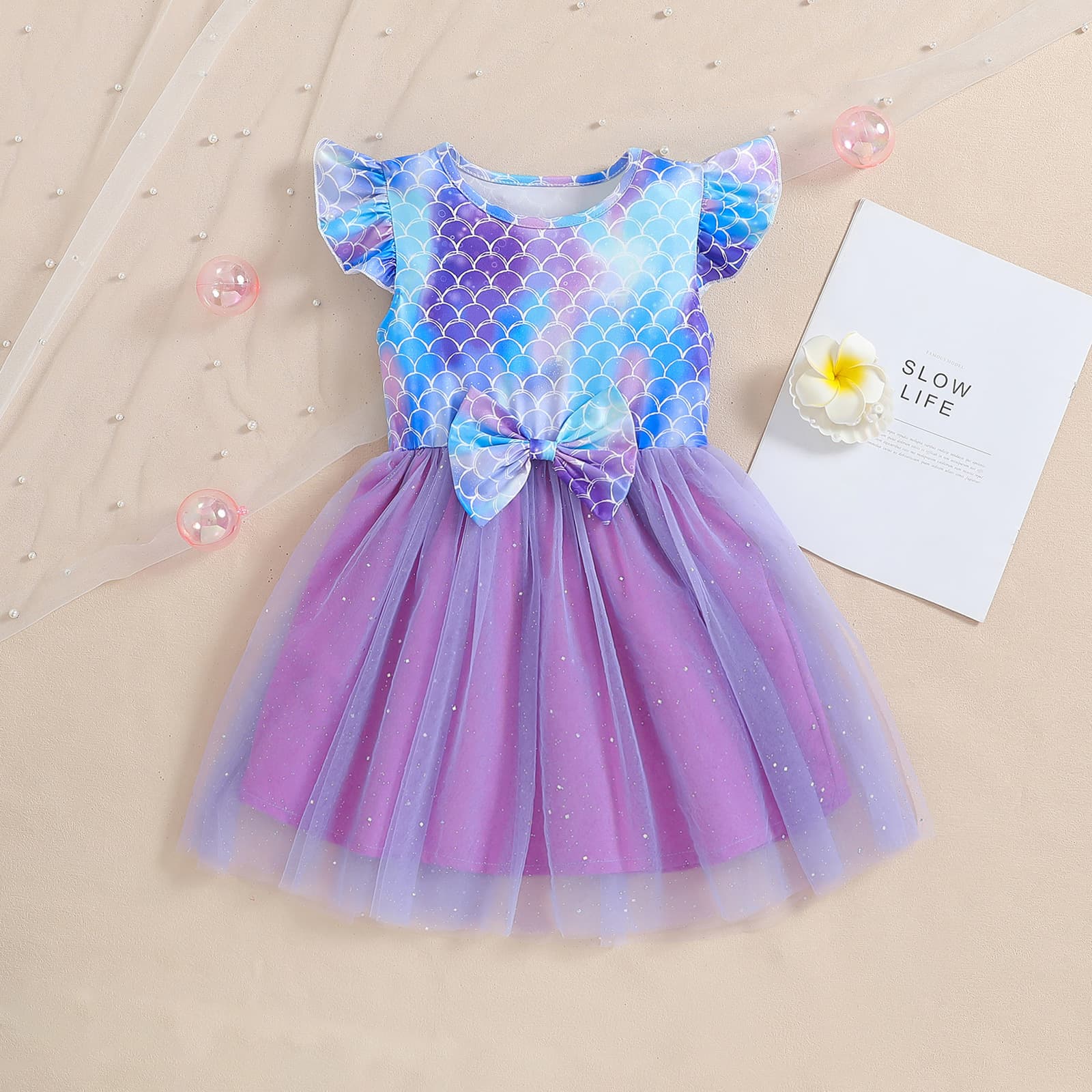 Cross-Border Girls' Mesh 2026 Summer Dress with Sequins, Mermaid Bow, Stylish Short-Sleeve Birthday Dress Trendy