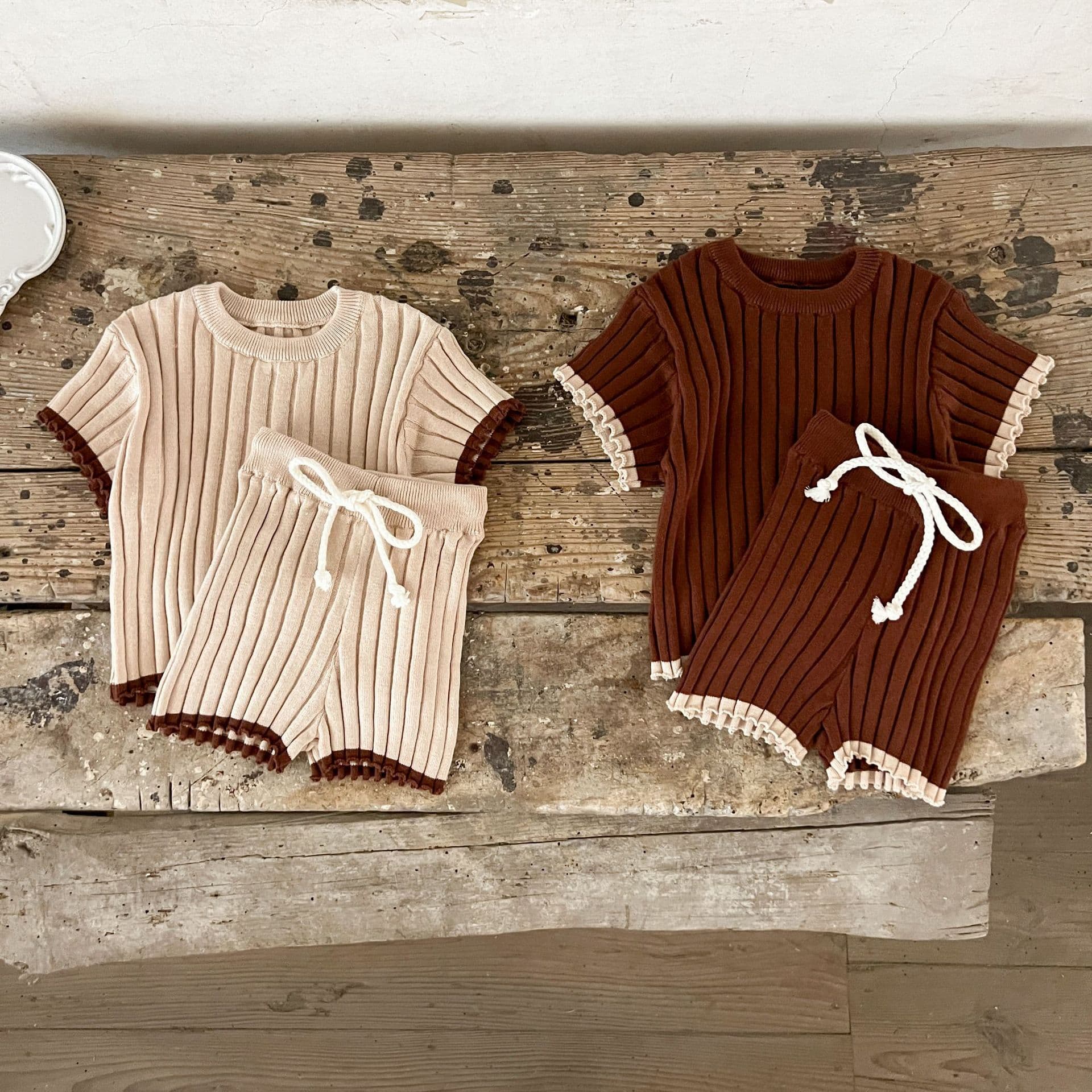 Baby Autumn Thin Knit Sweater Set, Soft Contrast Trim Casual Short-Sleeve Top and Shorts Set for Infants and Toddlers