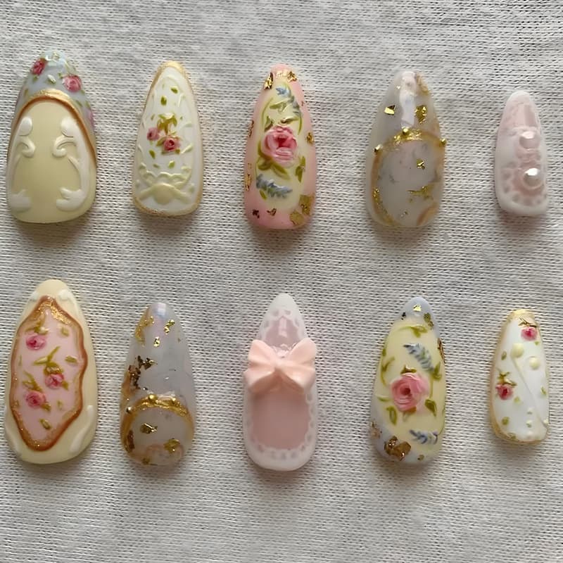 30pcs Cross-border Wearable Nail Tips 3D Embossed Oil Painting Floral Pearl Removable Fake Nails Almond Shape
