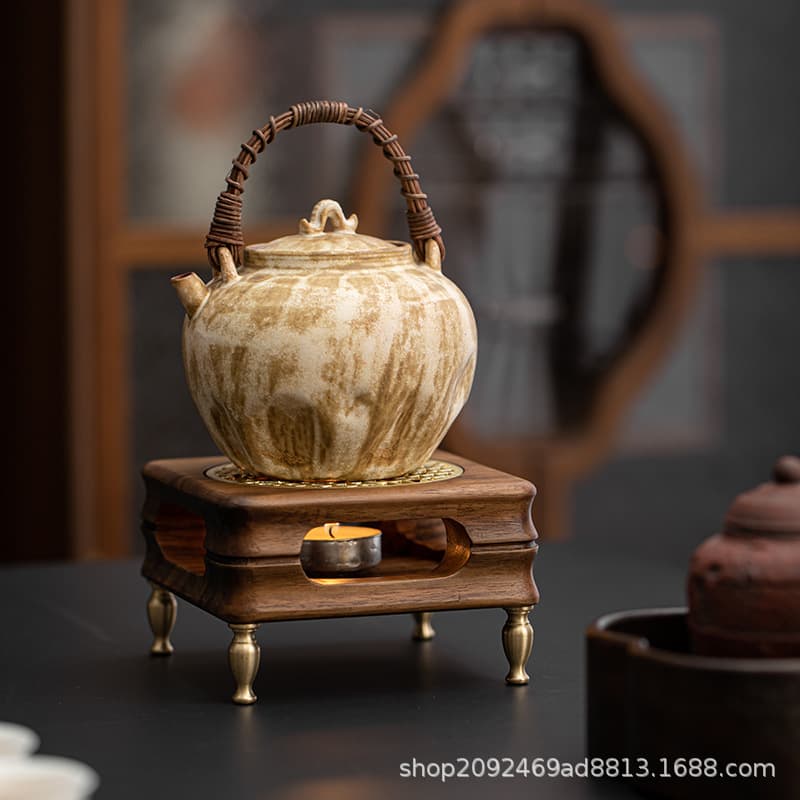 Walnut Wood Tea Warmer with Candle Stand, Multi-functional Heater for Brewing Tea, Milk Tea, Incense, and Coffee in Tea Rooms