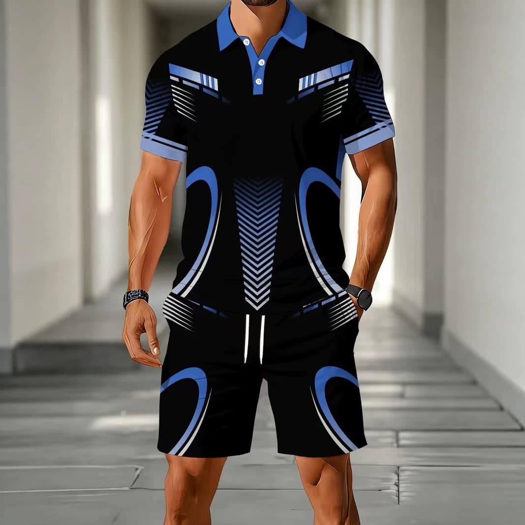 Overseas Cross-border 2026 Hot Selling 3D Printed Men's Polo Short Sleeve Top and Shorts Casual Two-Piece Sport Set