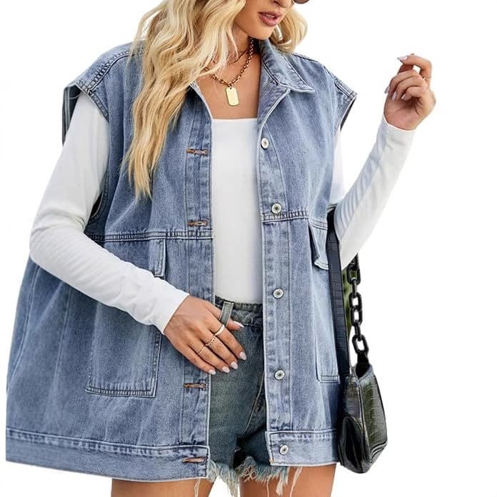 Cross-border Amazon TEMU Women's Oversized Denim Vest Mid-Length Jean Vest Sleeveless Jacket Distressed Vest