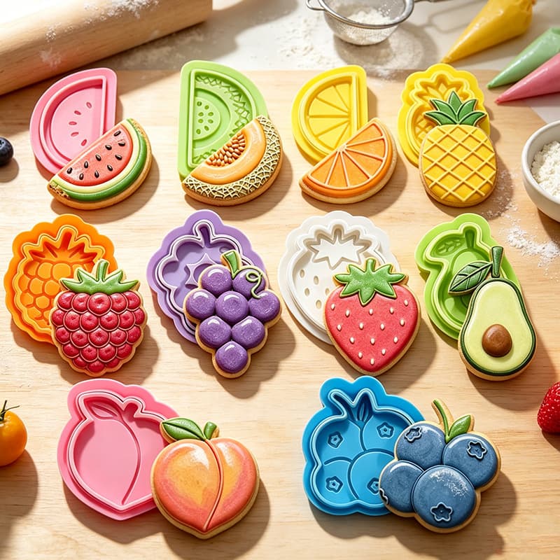 3D Fruit-Shaped Cookie Press Mold Plastic Embossing Stamp for Biscuits, Cake, Clay, and Fondant Set
