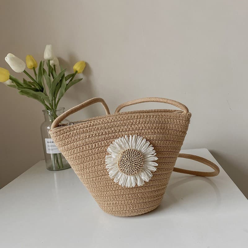 Sweet Lady Straw Woven Bucket Bag Crossbody Beach Vacation Women's Handbag Soft Polyester Lining Zipper Closure Single Strap