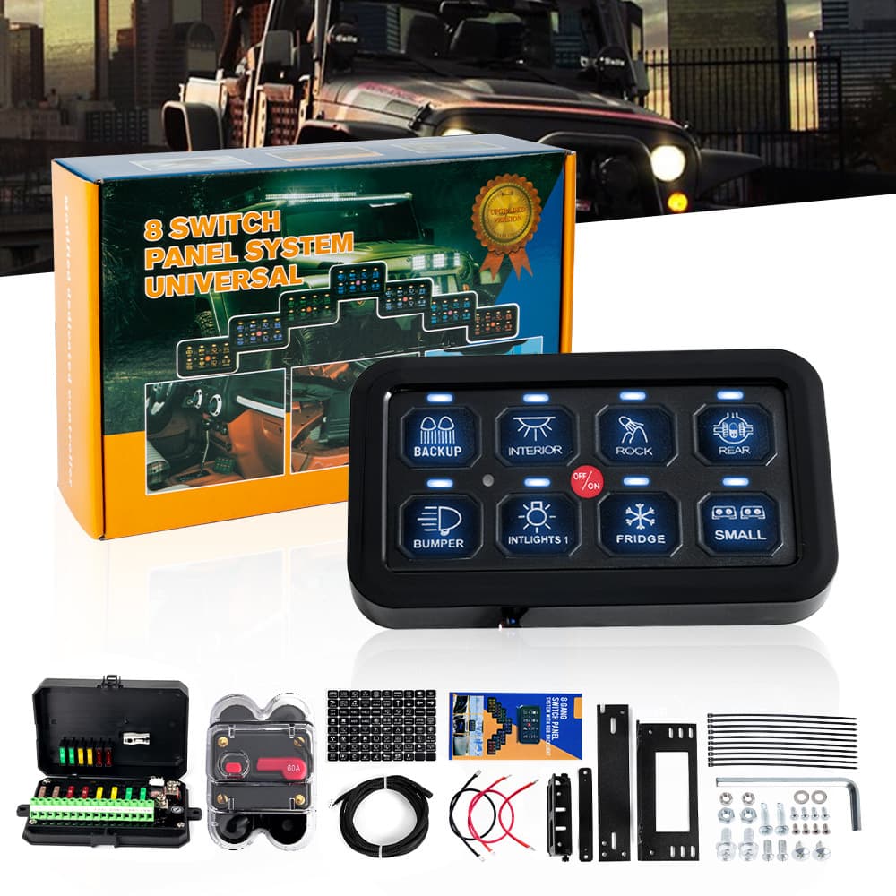 Car modified LED spotlight 6-way 8-way panel switch fuse control power supply system suitable for Wrangler